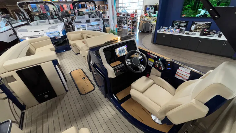 Slide: The Image of Interior of 2025 Balise Horizon 26C boat with modern helm and seating. - 9