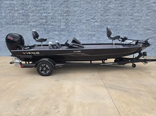 The Image of 2025 Vexus AVX1980 boat on trailer, sleek black design, dual seats, outboard motor. - 1