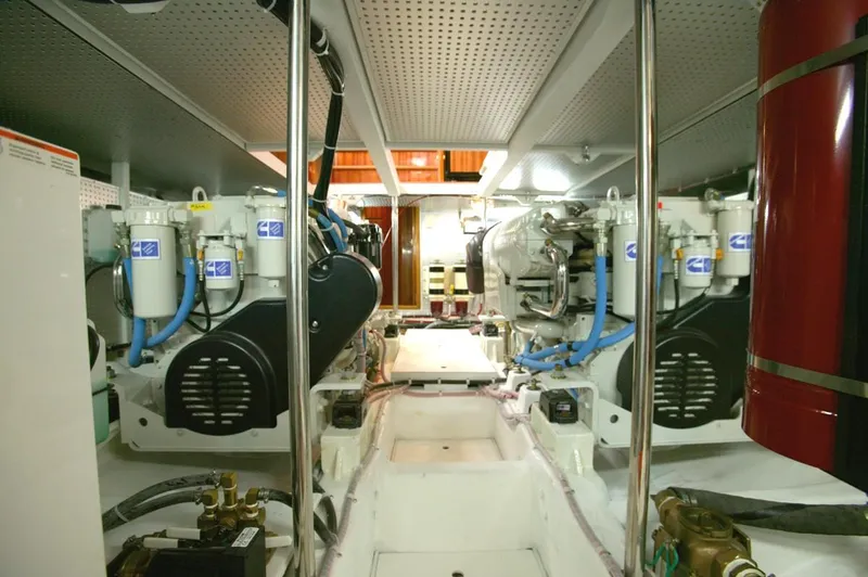 Slide: The Image of Engine room of 2004 Novatec Islander CPMY yacht, featuring dual engines and mechanical systems. - 34