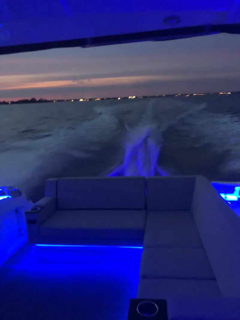 Slide: The Image of 2017 Monterey 360 Sport Coupe engine compartment with dual engines visible. - 19