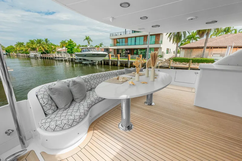 Slide: The Image of Luxurious 2002 Lazzara 80 Skylounge yacht deck with elegant seating and waterfront view. - 11