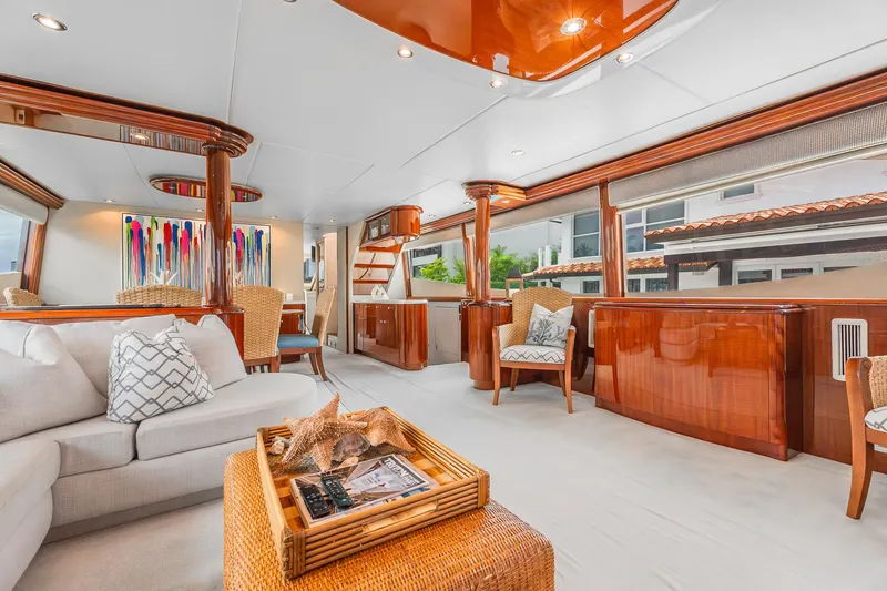 Slide: The Image of Luxurious interior of 2002 Lazzara 80 Skylounge yacht with elegant wood finishes and modern decor. - 15