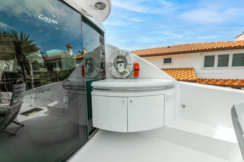 Slide: The Image of 2002 Lazzara 80 Skylounge yacht deck with modern seating and safety equipment. - 59
