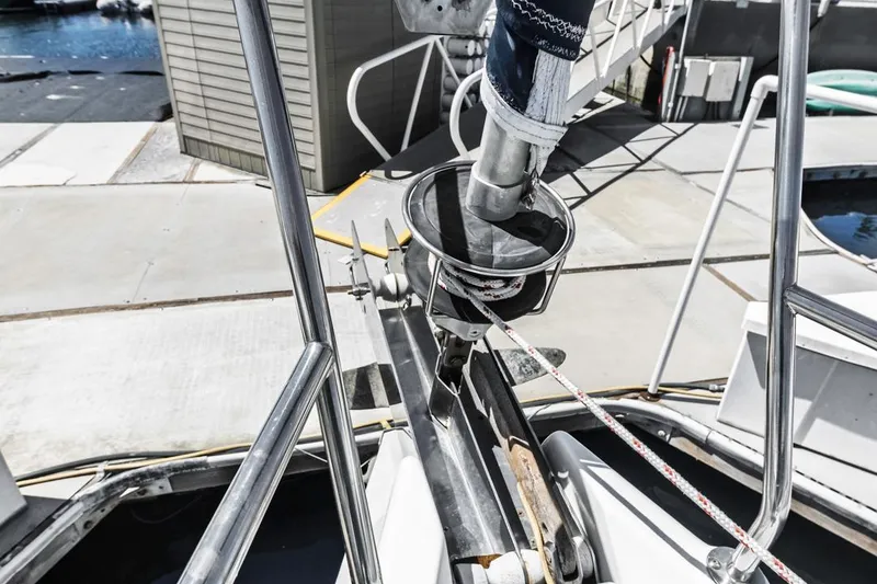 Slide: The Image of Sailboat deck with rigging, Hunter 456 model, 1997, docked at marina. - 14