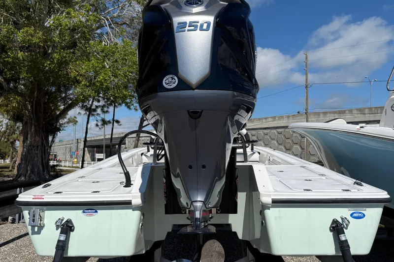 Slide: The Image of 2025 Tidewater 25 TPC Raptor boat with powerful 250 engine, docked outdoors. - 7