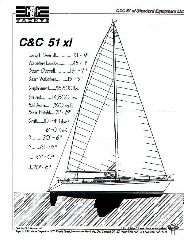 Slide: The Image of C&C 51 XL sailboat specifications sheet, featuring dimensions and technical details, 1994 model. - 41