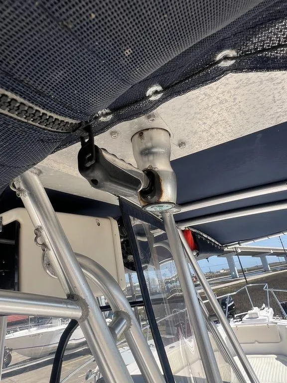 Slide: The Image of 2003 Grady-White 306 Bimini boat canopy and support structure detail. - 45
