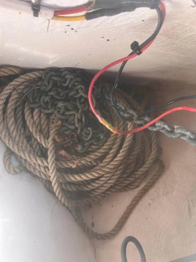 Slide: The Image of Coiled rope and chain in a 2004 Robalo R225 Walkaround boat compartment. - 37
