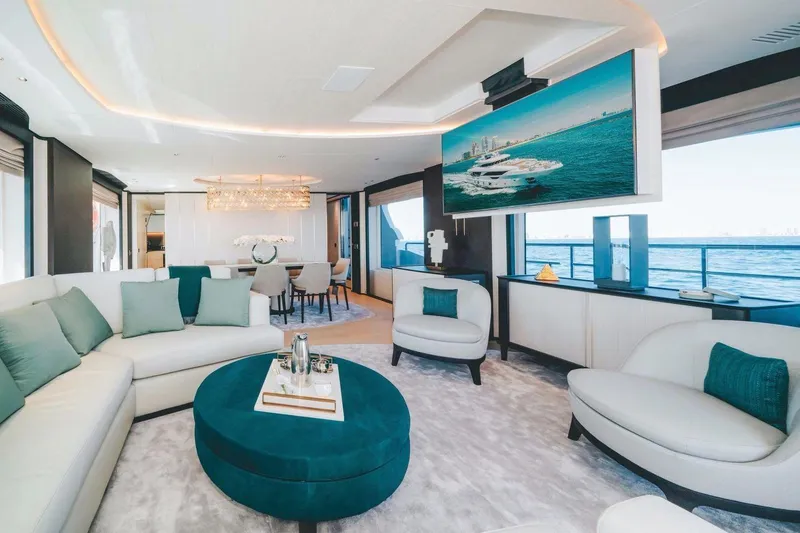 Slide: The Image of Luxurious interior of 2020 Benetti Delfino Co Ownership yacht with elegant seating and ocean view. - 30