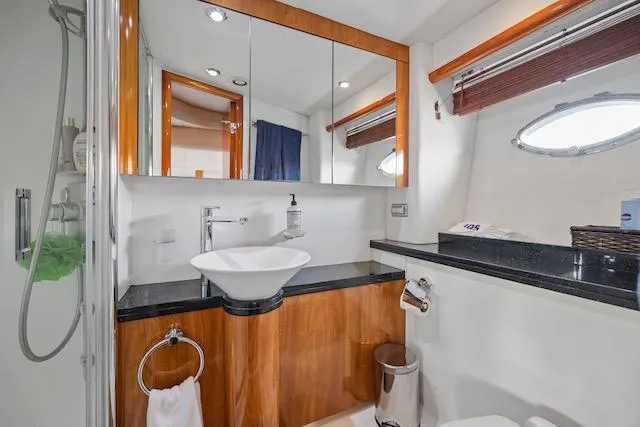 Slide: The Image of Luxurious bathroom in 2008 Sunseeker Manhattan 60 yacht with modern fixtures and elegant design. - 30