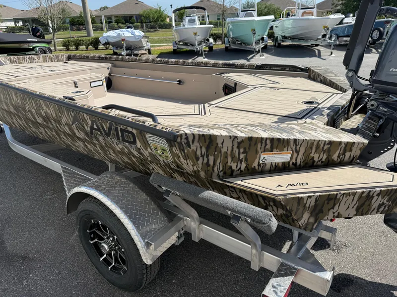 Slide: The Image of 2025 Avid 18 Commander boat with camouflage design on a trailer, displayed outdoors. - 9