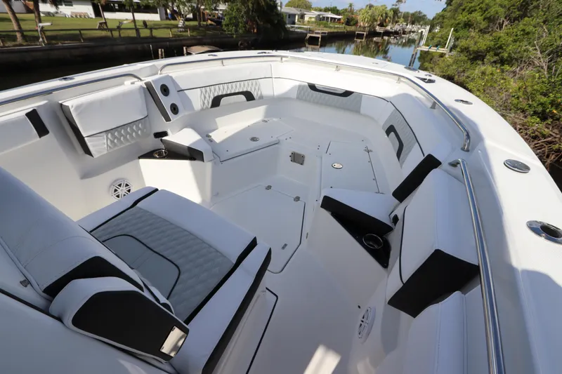 Slide: The Image of 2023 Blackfin 272 CC boat interior with spacious seating and modern design. - 30