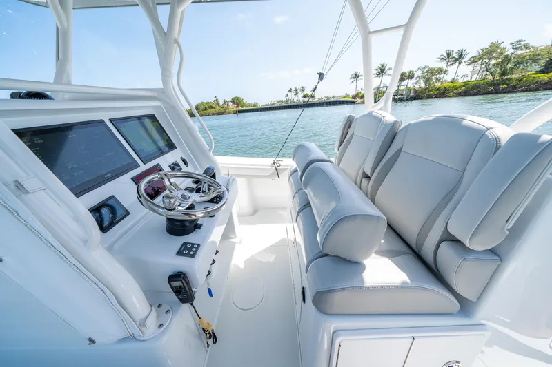 Slide: The Image of 2023 Yellowfin 36 Center Console boat interior with modern helm and seating. - 15
