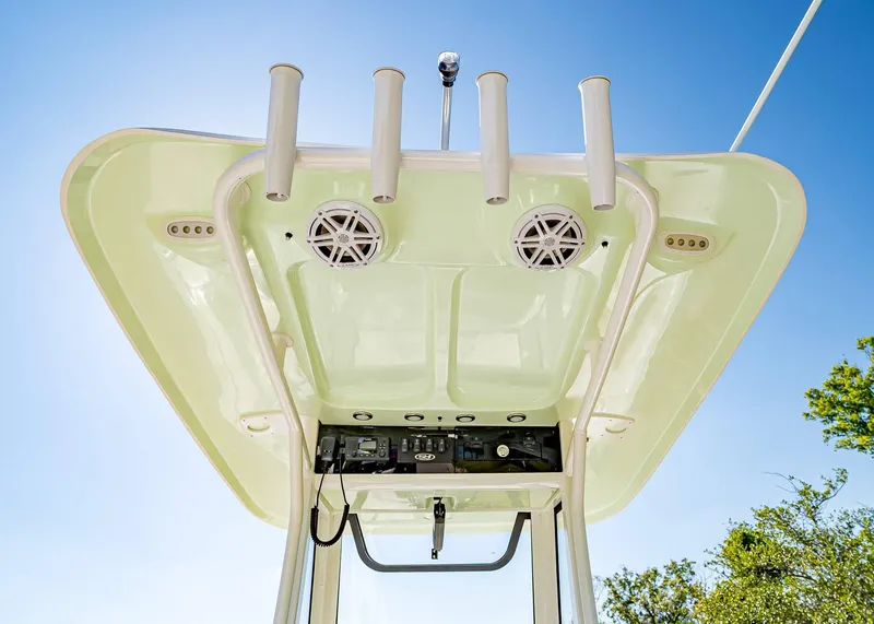 Slide: The Image of 2025 Sea Hunt Ultra 245 SE boat top view with rod holders and speakers. - 15