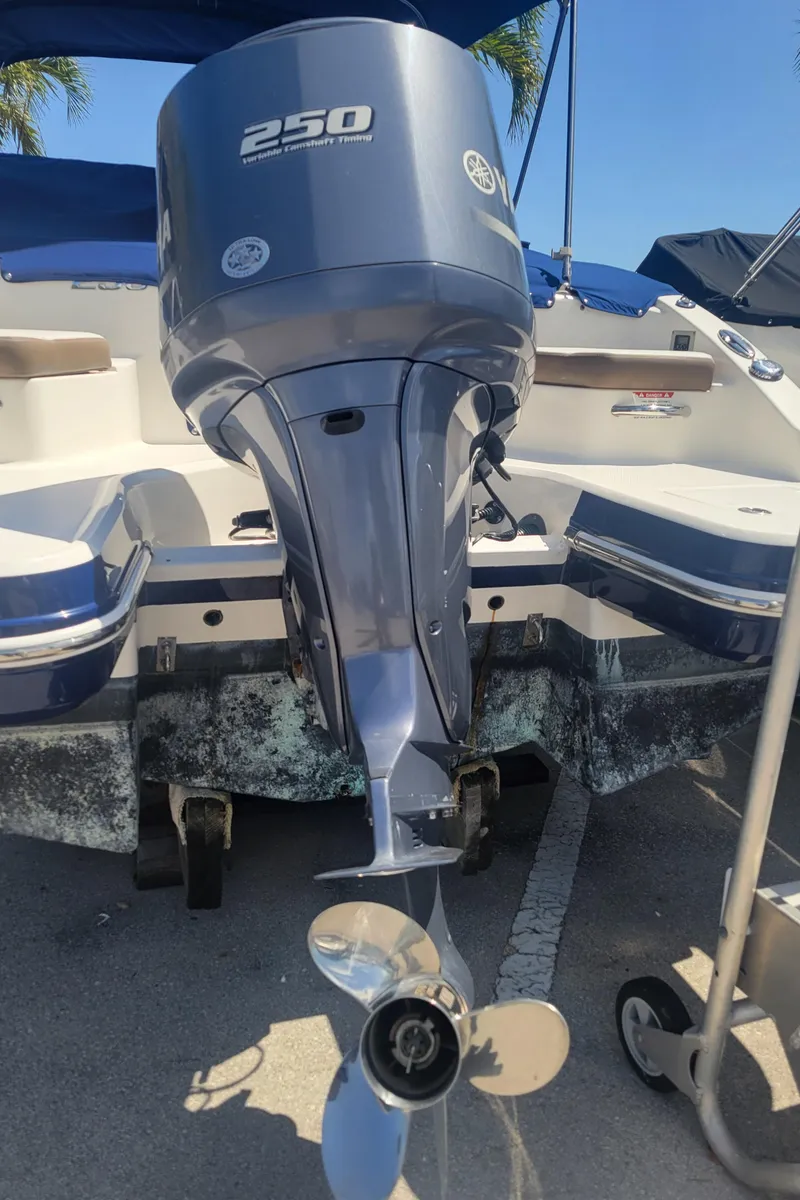 Slide: The Image of 2015 Chaparral 250 Suncoast boat with outboard motor, docked on a sunny day. - 38