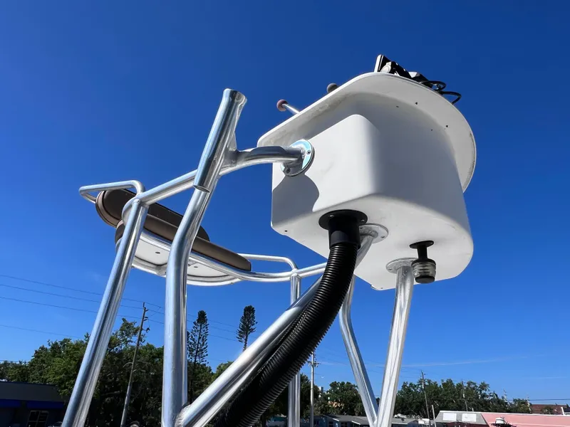 Slide: The Image of 2016 Sportsman Masters 227 Bay Boat tower against clear blue sky. - 22