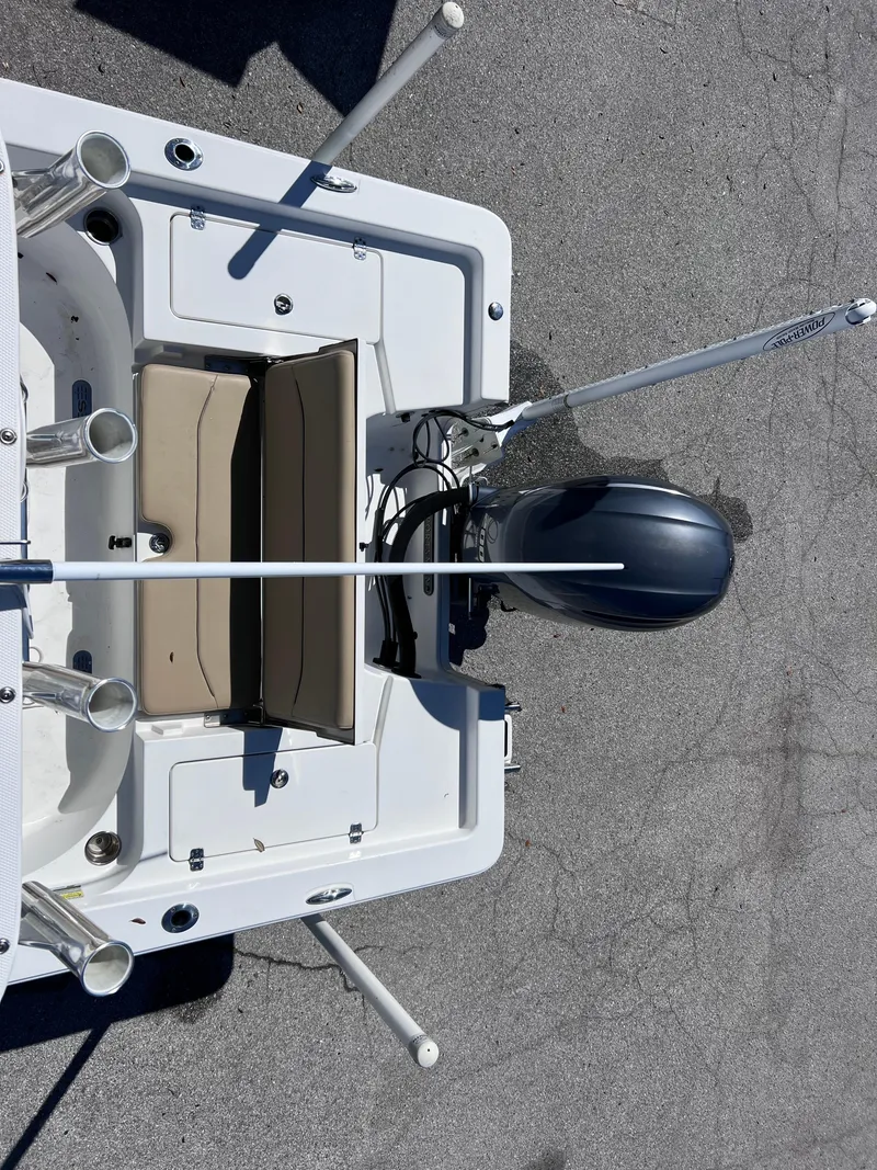 Slide: The Image of 2016 Sportsman Masters 227 Bay Boat with outboard motor, aerial view. - 25