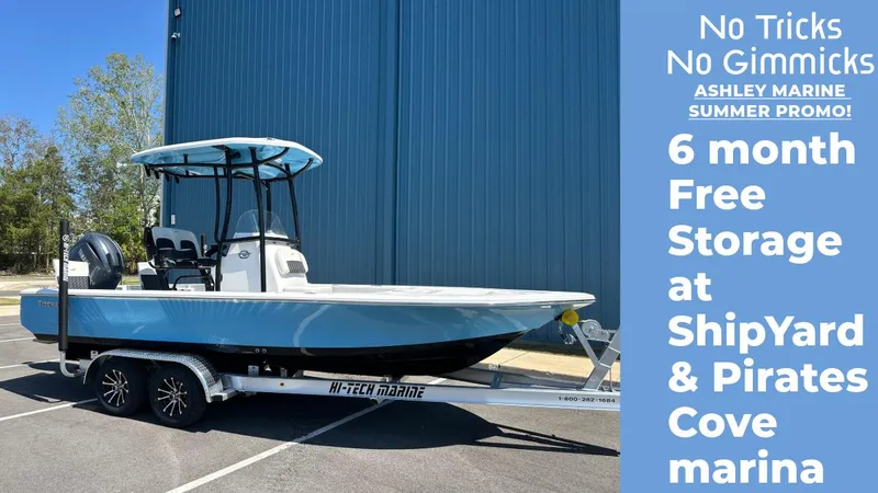 Slide: The Image of 2025 Tidewater 2110 Bay Max boat on trailer, Ashley Marine promo for free storage. - 1