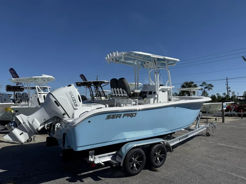 Slide: The Image of 2025 Sea Pro 222 boat on trailer, featuring Suzuki outboard motor, under clear blue sky. - 3