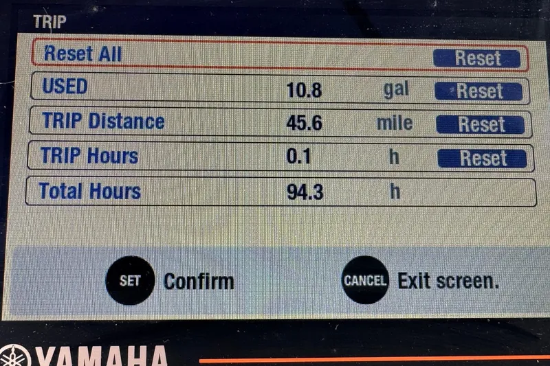 Slide: The Image of Yamaha trip display showing fuel usage and distance for 2017 Steiger Craft 255 DV Chesapeake. - 49