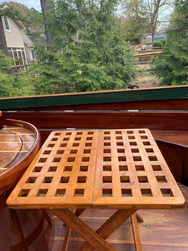 Slide: The Image of Wooden table on a Classic English Launch, 1990, with lush greenery in the background. - 25