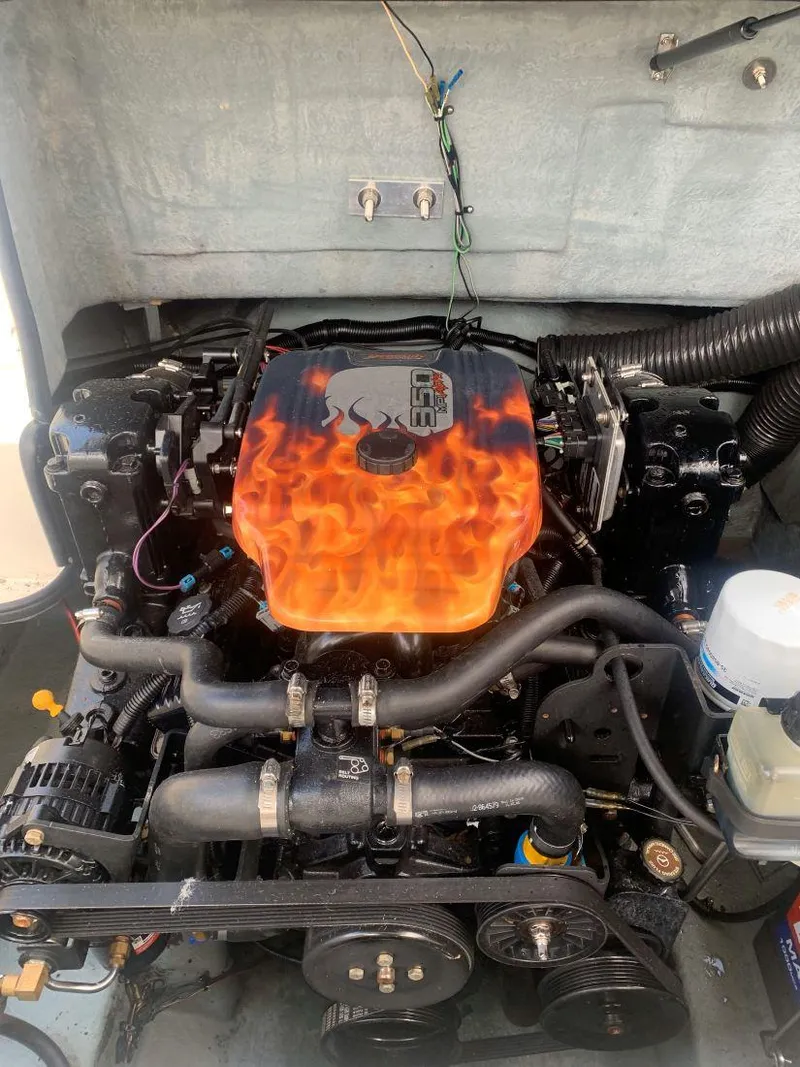 Slide: The Image of 1998 Sea Ray 240 Sundeck engine with custom flame-painted cover. - 14