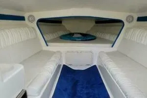 Slide: The Image of Interior of 2002 Profile 33 V boat with white seating and blue carpet. - 11