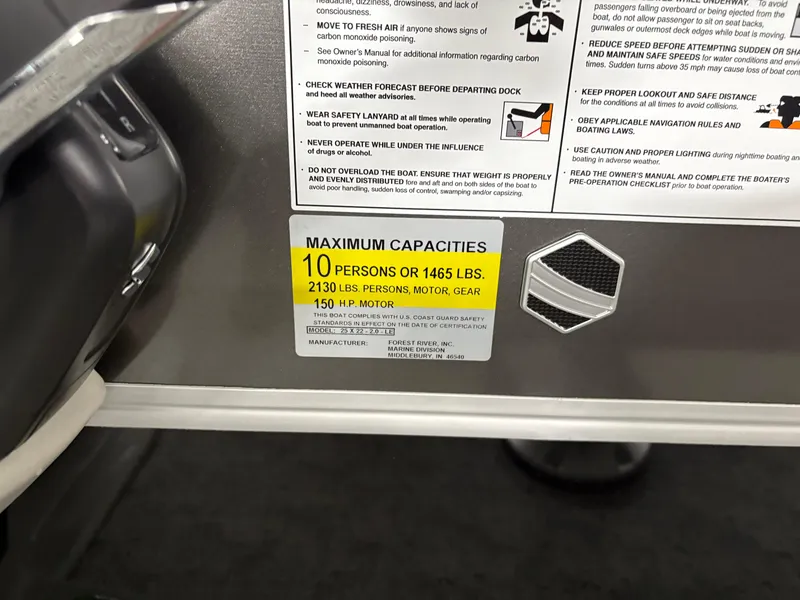 Slide: The Image of 2025 South Bay 222RS capacity label, maximum 10 persons or 1465 lbs, 150 HP motor. - 10