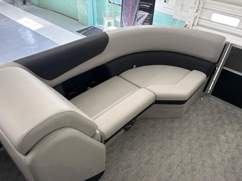Slide: The Image of Luxurious seating in 2025 South Bay 222RS pontoon boat, featuring sleek, modern design. - 6