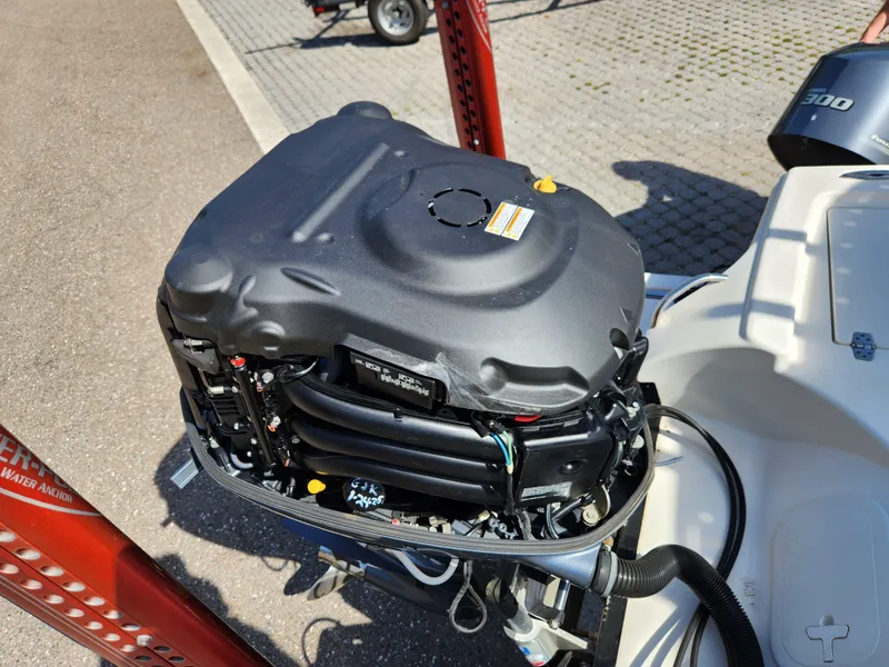 Slide: The Image of Outboard motor of a 2018 Pathfinder 2500 Hybrid boat, displayed outdoors. - 19