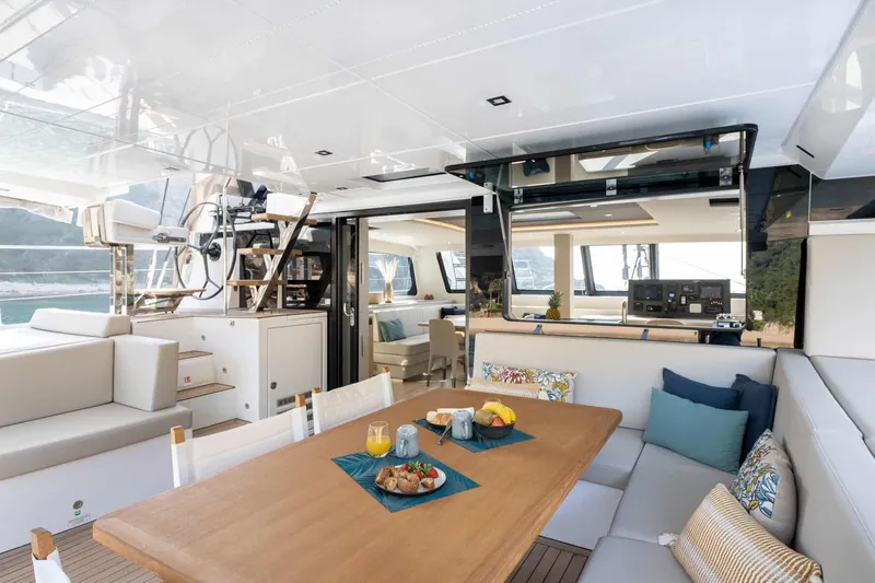 Slide: The Image of Luxurious 2025 Privilege Signature 580 yacht interior with dining area and helm station. - 21