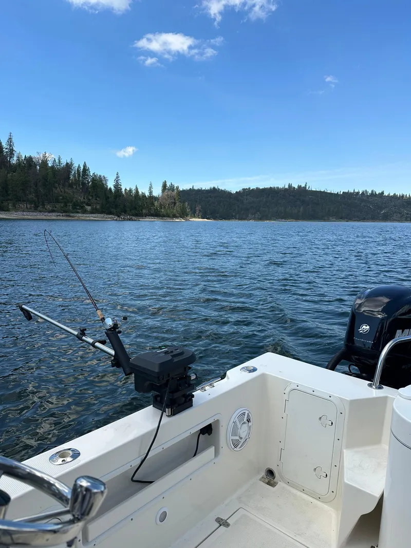 Slide: The Image of 2008 C-Dory 255 TOMCAT boat on serene lake with fishing rods and scenic forest backdrop. - 18