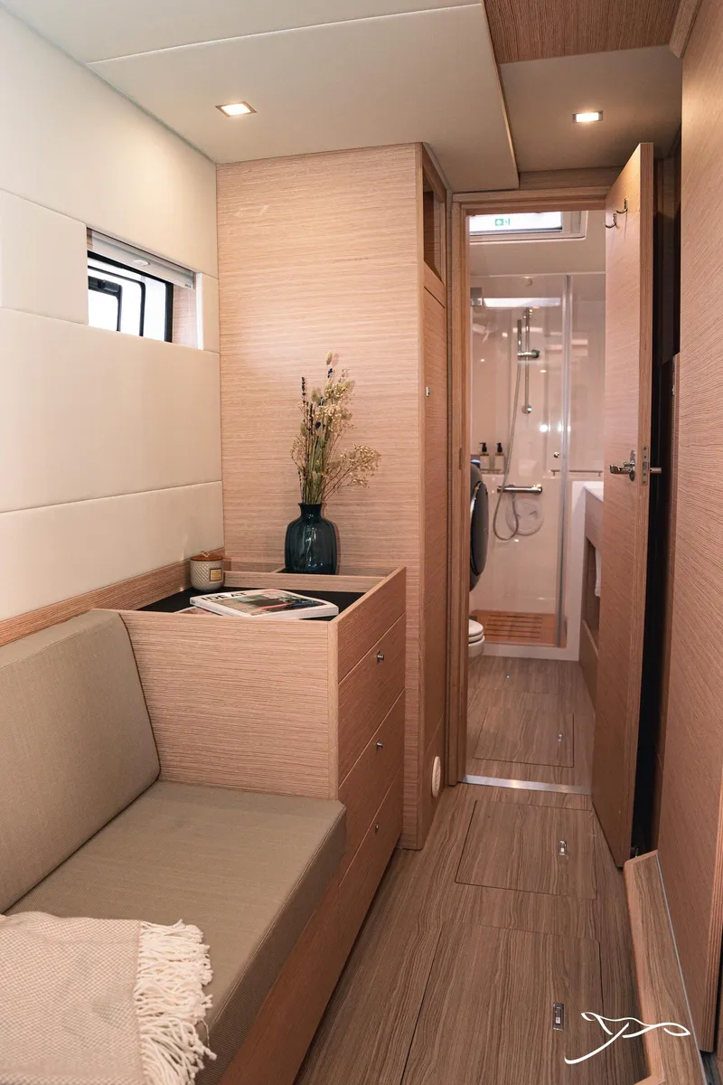 Slide: The Image of Interior of 2025 Nautitech 40 Open yacht, featuring modern design and cozy seating area. - 47