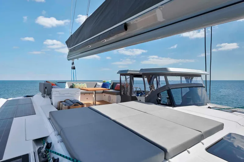 Slide: The Image of Luxury Privilege Signature 580 yacht deck with seating, 2025 model, sailing on open sea. - 16