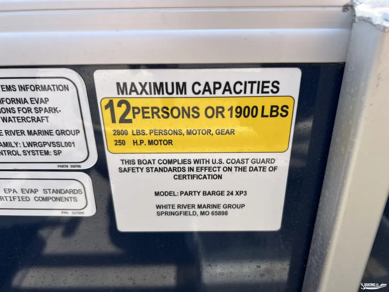 Slide: The Image of 2020 Sun Tracker Party Barge 24 DLX capacity label, 12 persons or 1900 lbs limit. - 15