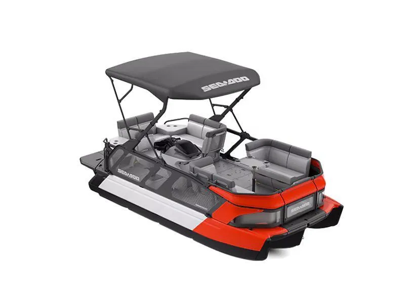 The Image of 2025 Sea-Doo Switch Cruise 18' 230hp pontoon boat with canopy, red and gray design. - 1