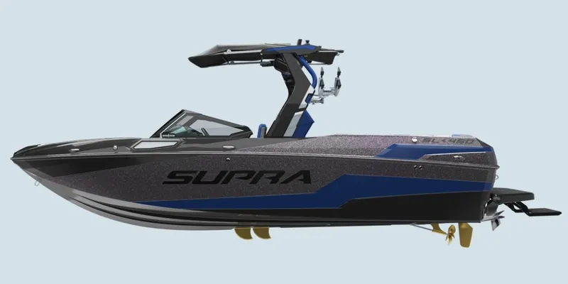 Slide: The Image of 2025 Supra SL 450 boat, sleek design, black and blue color scheme, side view. - 1