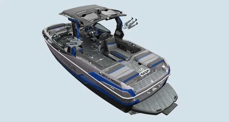 Slide: The Image of 2025 Supra SL 450 boat with sleek design, modern interior, and advanced features. - 2