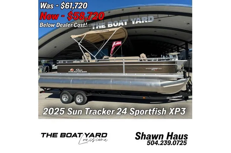 The Image of 2025 Sun Tracker 24 Sportfish XP3 pontoon boat at dealership, featuring a sleek design. - 0