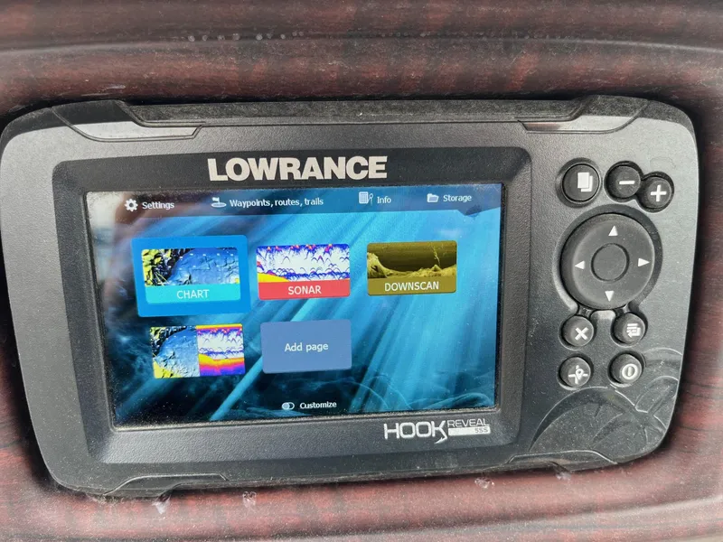 Slide: The Image of Lowrance Hook Reveal 5SS fishfinder display on 2022 Trifecta 22 LE Rear Fish boat. - 25
