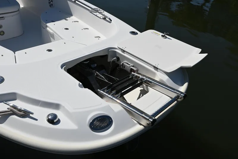 Slide: The Image of 2014 Boston Whaler 270 Dauntless boat with open swim ladder compartment. - 10