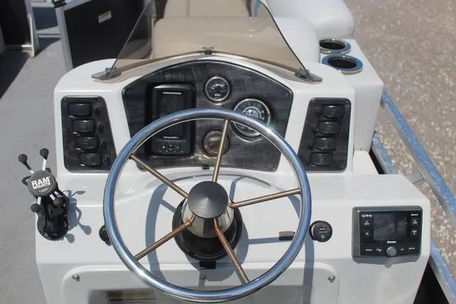 Slide: The Image of Steering console of 2018 Apex Marine 820 VX Cruise pontoon boat. - 18