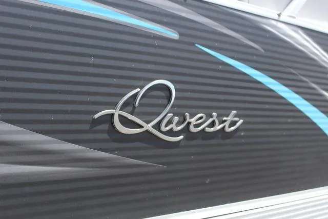 Slide: The Image of 2018 Apex Marine 820 VX Cruise boat with "Qwest" logo on sleek, striped design. - 8