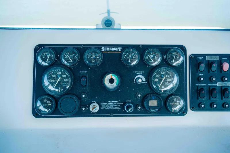 Slide: The Image of Control panel of a 1999 Sumerset houseboat with various gauges and switches. - 26