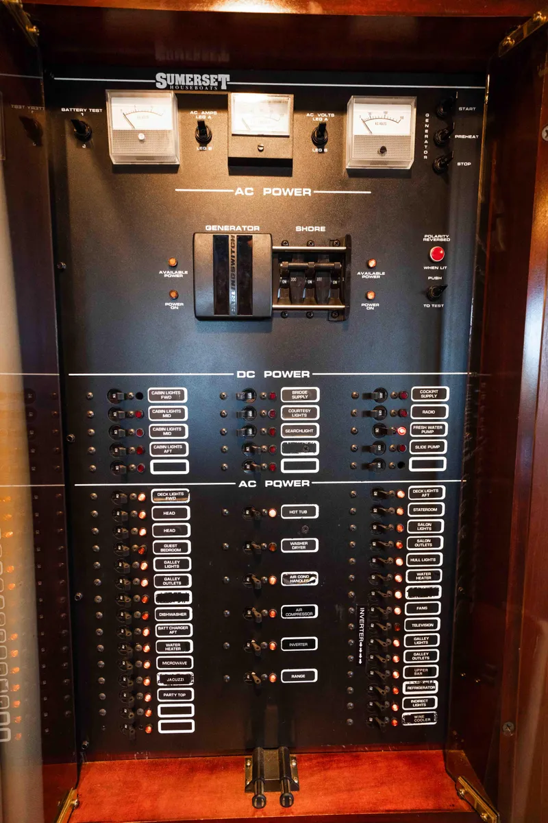 Slide: The Image of Electrical control panel of a 1999 Sumerset houseboat, featuring AC and DC power switches. - 37