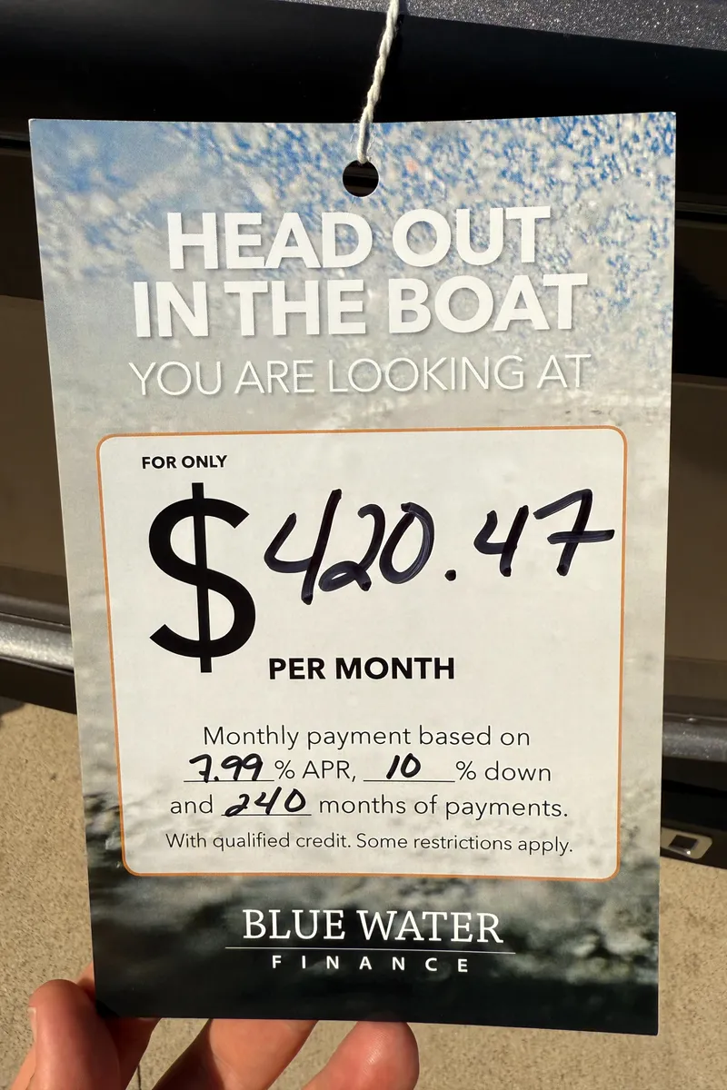Slide: The Image of $420.47 monthly for 2025 Lund 1875 Pro Guide boat, Blue Water Finance offer. - 24
