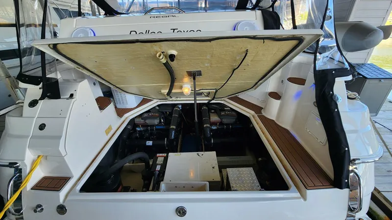 Slide: The Image of 2006 Regal Commodore 3560 IB boat engine compartment, open hatch, docked in Dallas, Texas. - 26