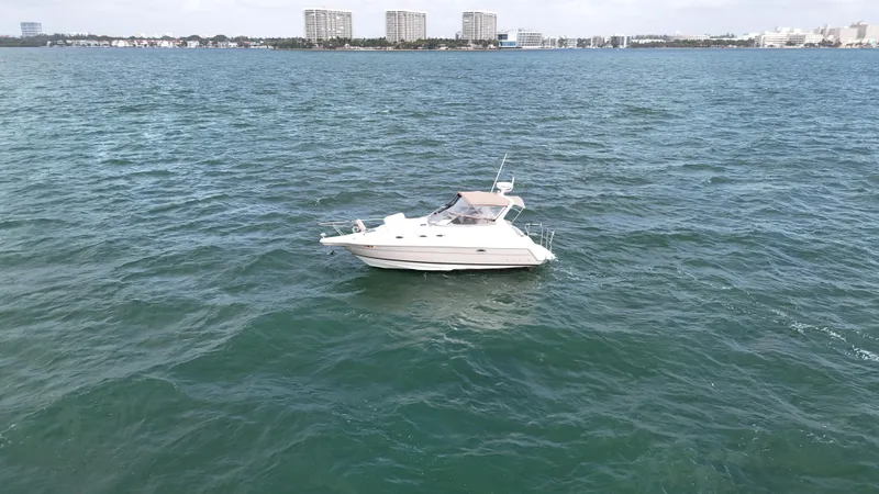 Slide: The Image of 2005 Regal Commodore 2860 boat on open water with city skyline in background. - 8