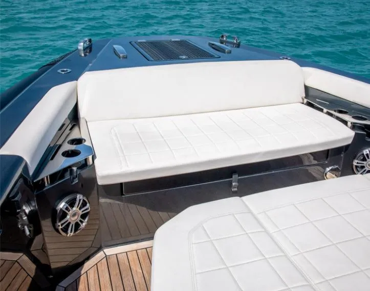 Slide: The Image of Luxury seating on a 2025 Pirelli 50 yacht, featuring sleek design and ocean backdrop. - 5