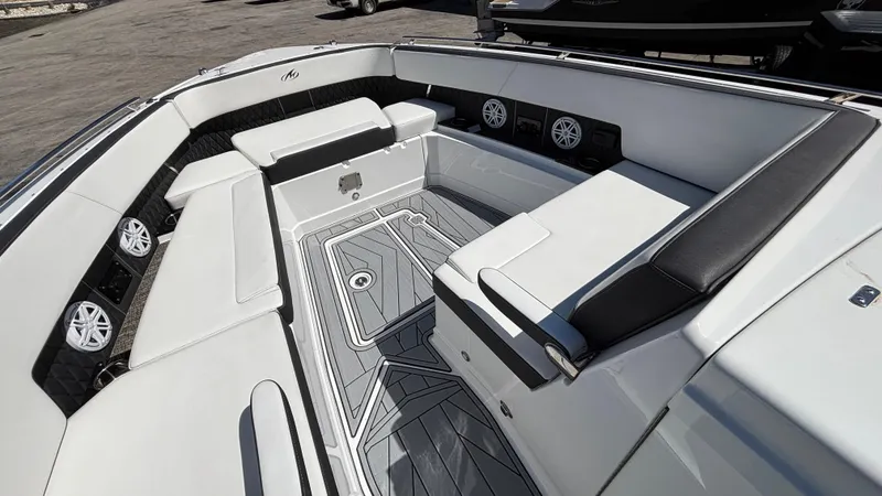 Slide: The Image of 2023 Monterey 385SS boat interior with luxurious seating and modern design. - 16